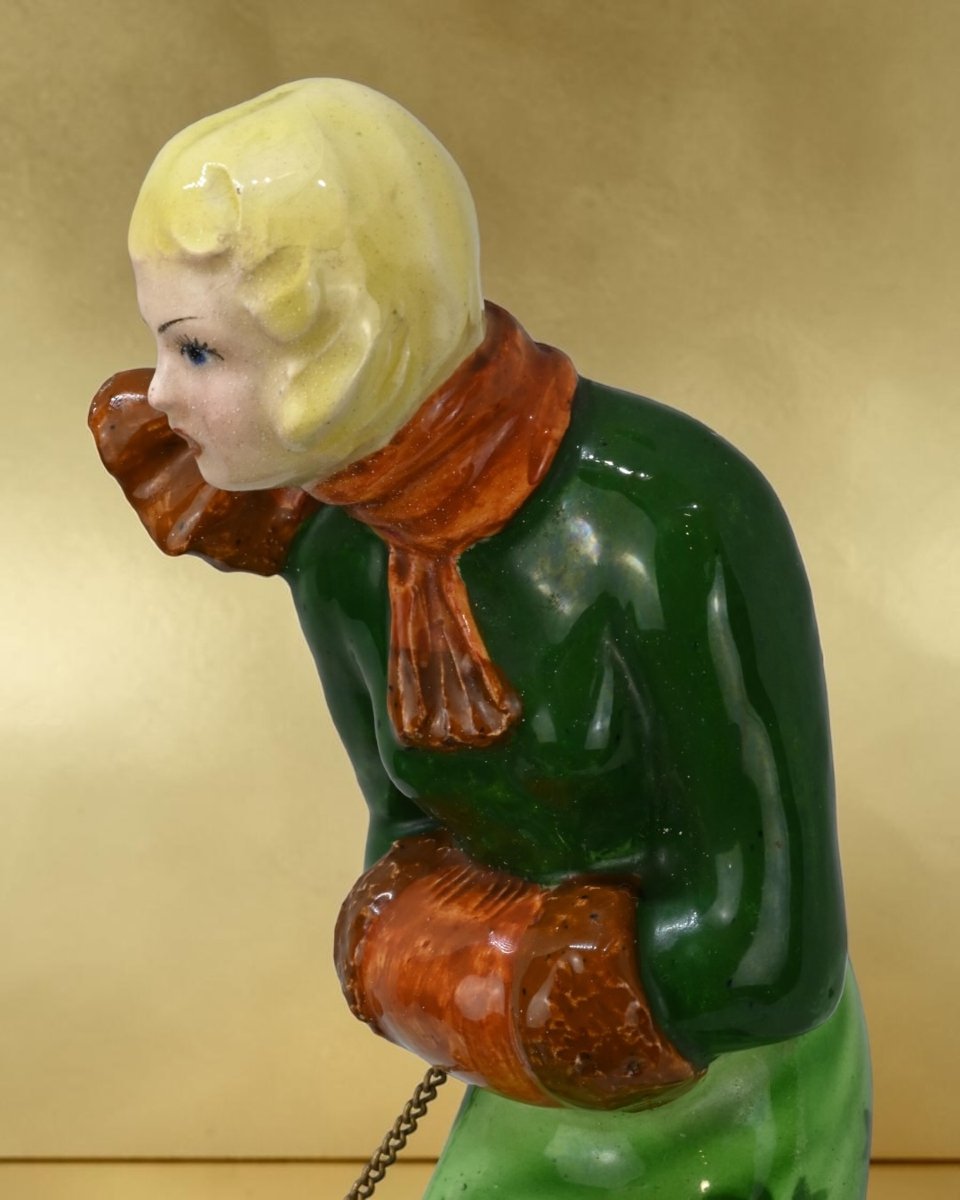 Figura di Donna Con Due Cani - Ceramica Policroma - Italia Anni 30-photo-4